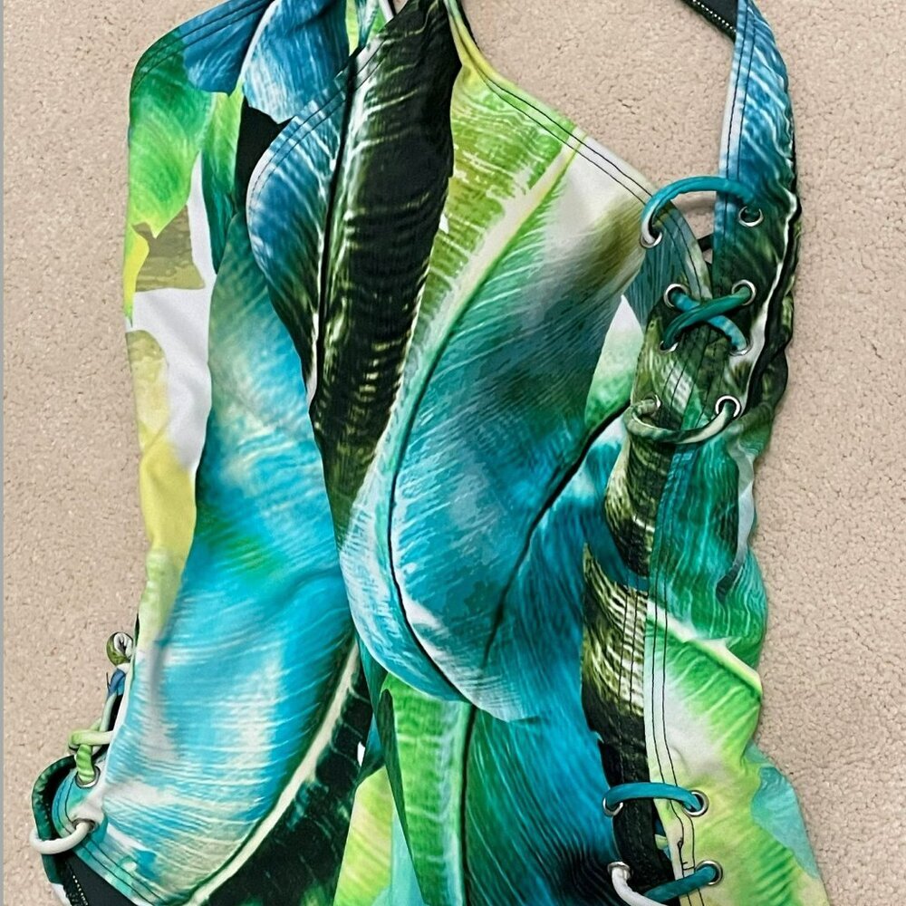 TiniBikini Tropical Lace-Up Plunge One-Piece Swimsuit Size M  NWT - Picture 7 of 9
